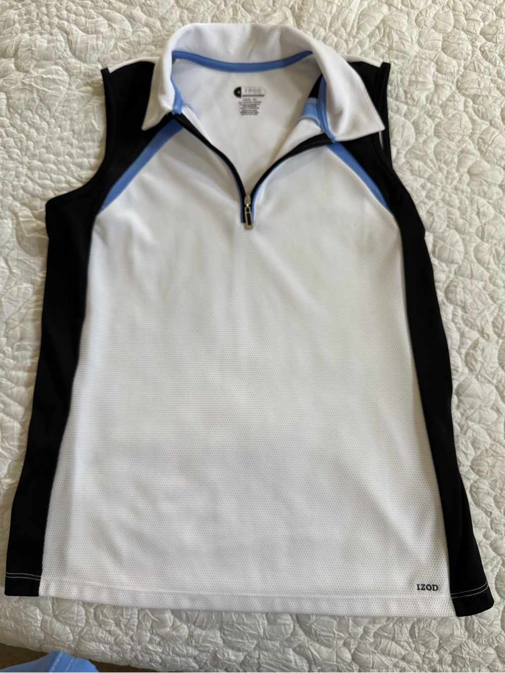 Izod White Sleeveless Golf Polo Tank with Black & Light Blue Trim